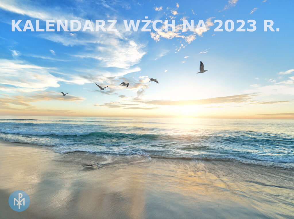 widoczek z morskim wybrzeżem i lecącymi ptakami oraz napis "Kalendarz WŻCh na 2023 r."